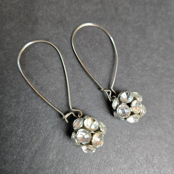 Vintage Rhinestone Ball Drop Earrings Silver Tone Long Wire Dangle 2" - Picture 4 of 6